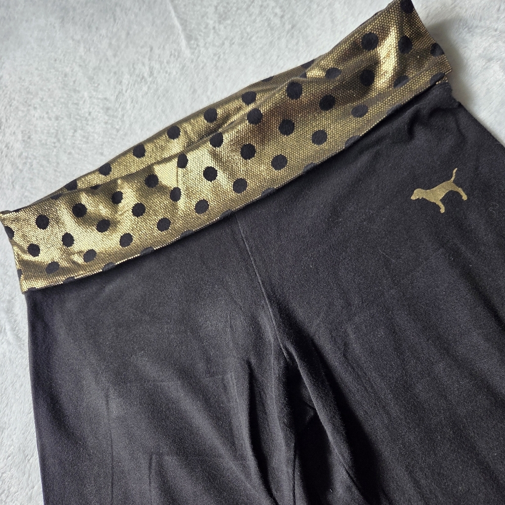 Vintage Victorias Secret Pink  Fold Over Yoga Pants Black Gold Polka Dots Sz Med